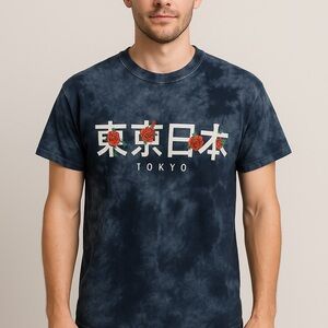 Popular Poison Tokyo Graphic Tee – Blue Tie Dye Rose Print Shirt